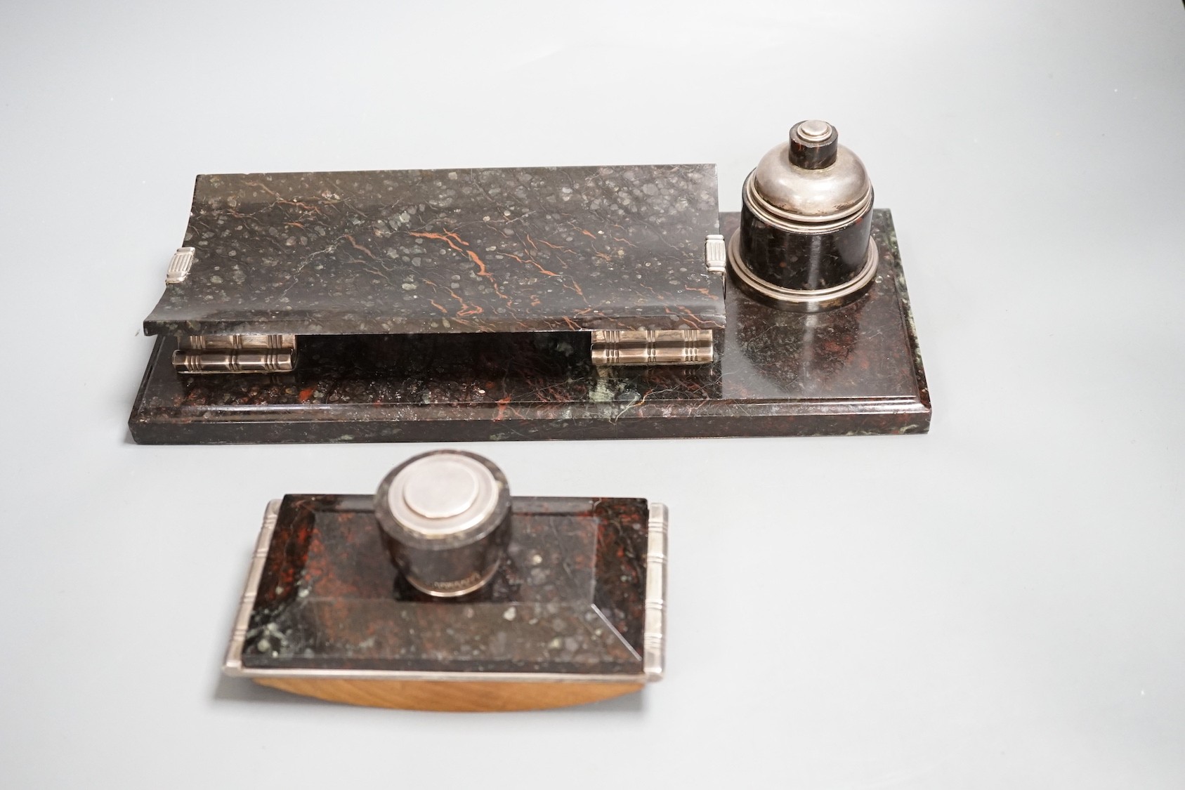 A stylish Art Deco silver mounted polished marble desk set, c.1930 by Robert Linzeler